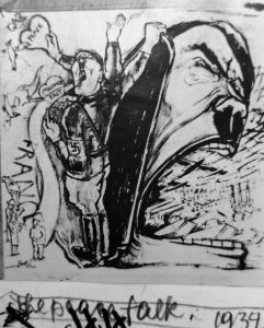 "The Peace Talk" of Hitler calling for war. Caricature from 1934