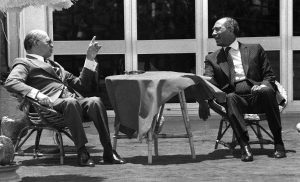 Menachem Begin and Anwar Sadat talking amongst themselves, Ofira, June 1981, photo by Dan Hadani, the Dan Hadani (IPPA) Collection at the National Library
