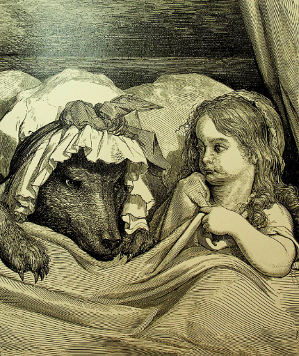 "סָבְתָא, אֵיזֶה עֵינַיִם גְּדוֹלוֹת יֵשׁ לָךְ!" כיפה אדומה והזאב – מהדורה של הספר משנת 1864, עם ציוריו של גוסטב דורה